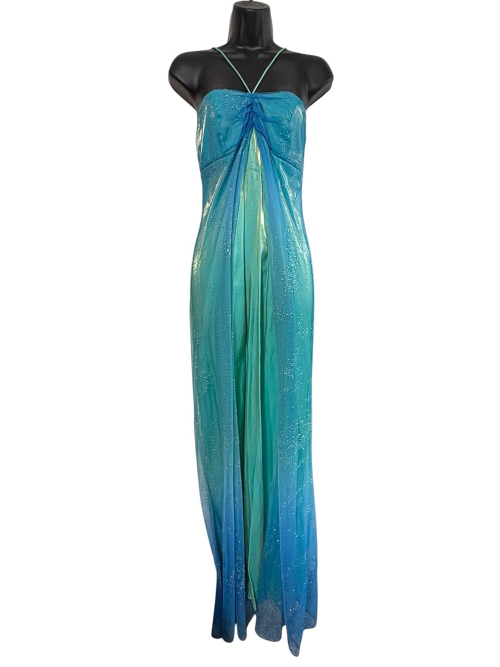 Morgan & Co. Size 7/8 Turquoise Blue Mesh Satin Sequin Formal Dress Y2K Ethereal
